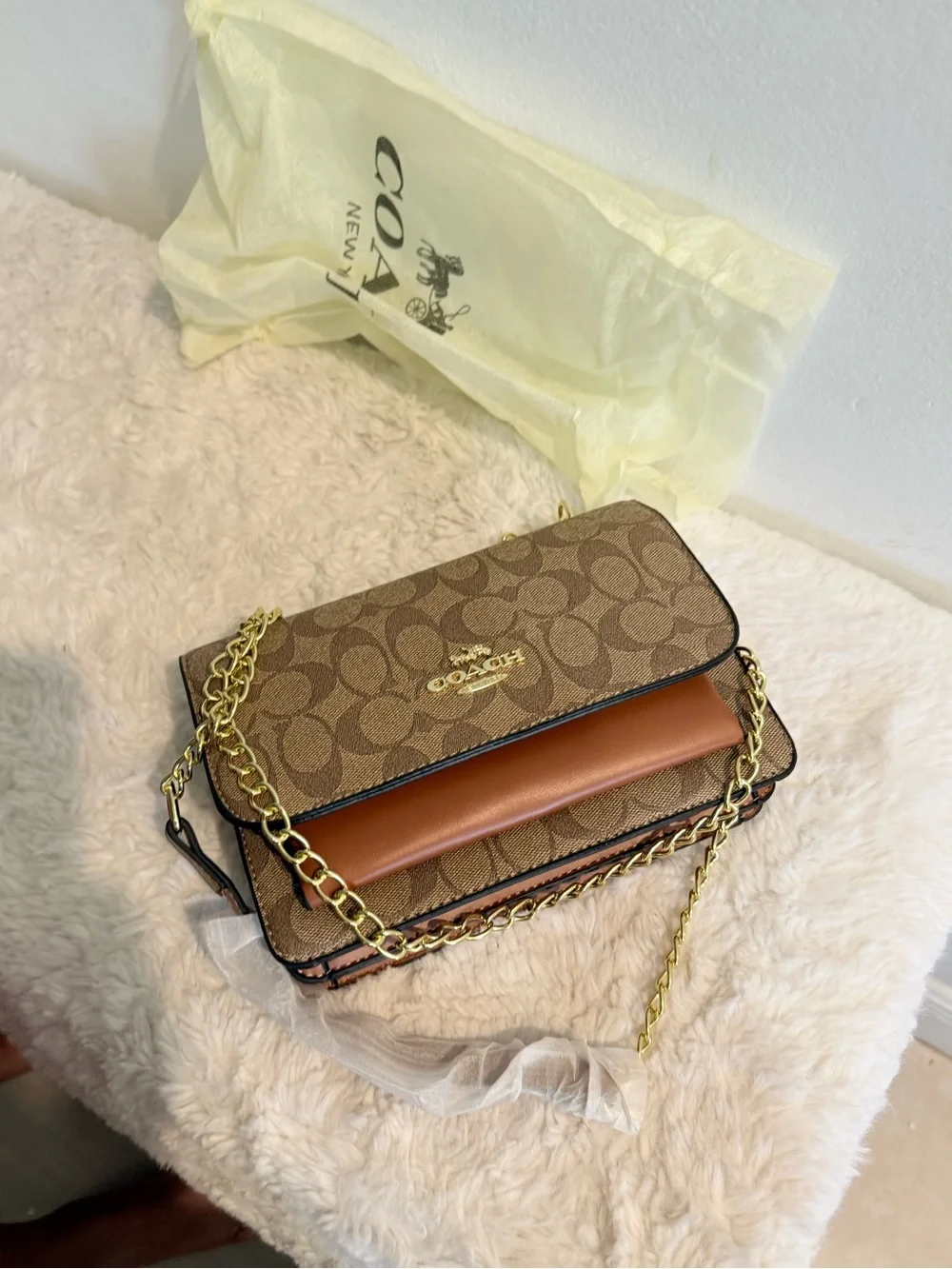 Coach Tan Signature Canvas Crossbody with Gold Chain